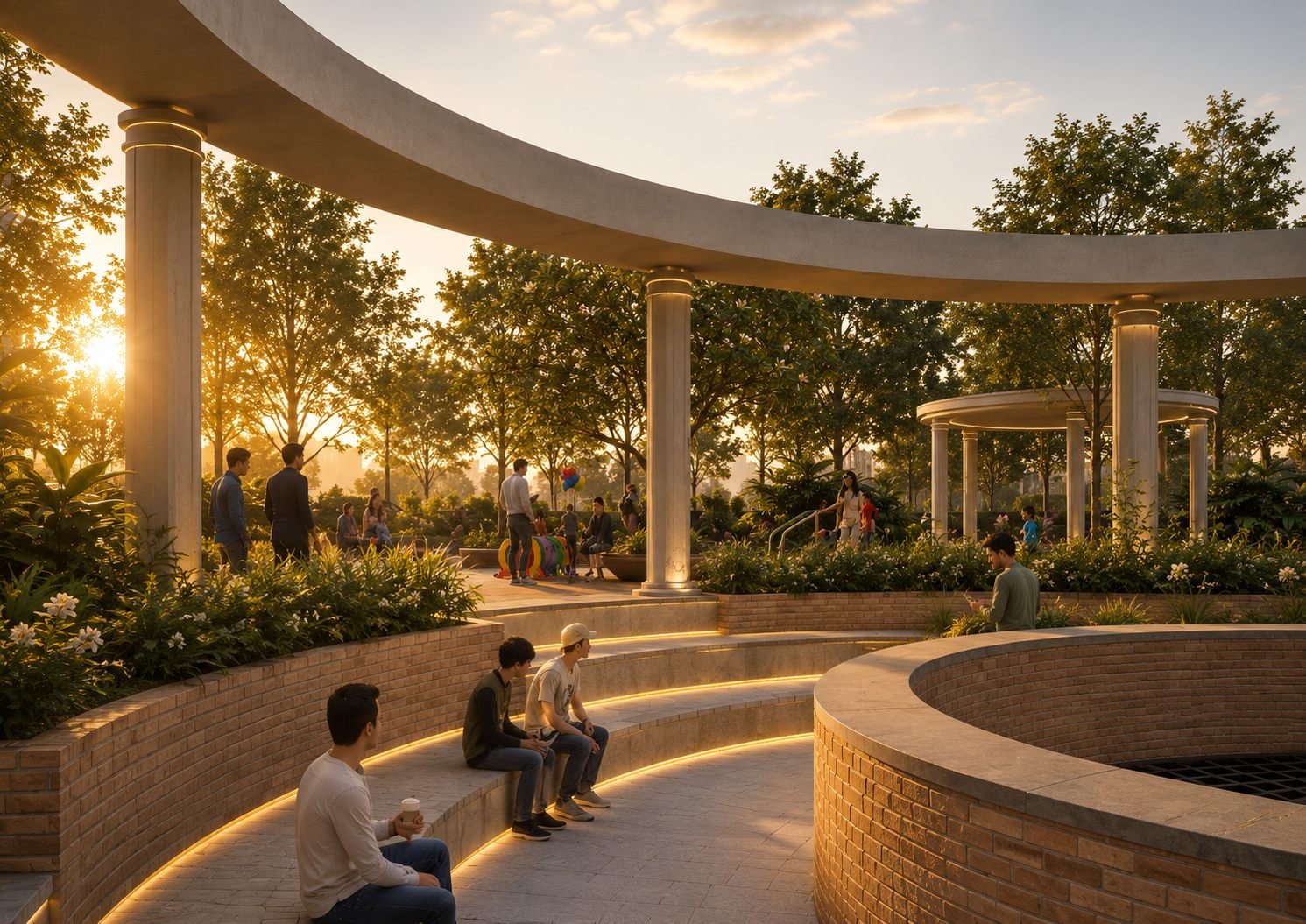 Residents gathered in a landscaped community amphitheatre at sunset